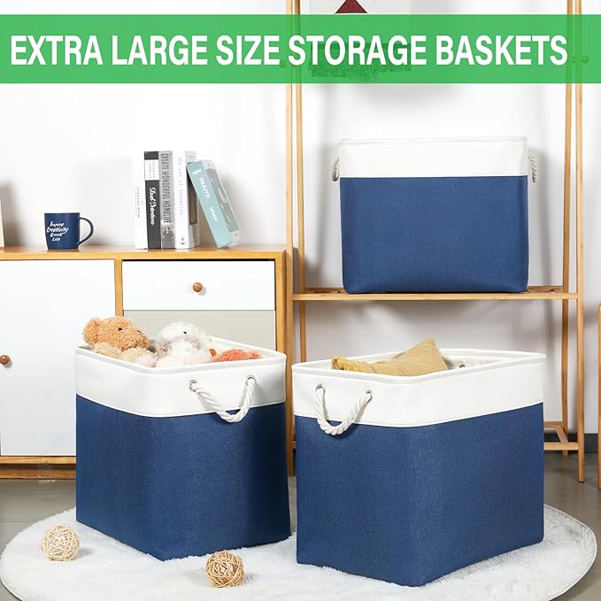 Bidtakay Extra Large Storage Baskets for Shelves 3 Pack Fabric Storage Bins for Organizing Linen Collapsible Organizer for Closet-White&Blue