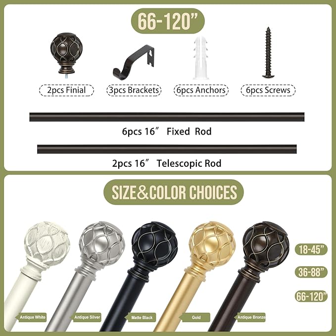 Bronze Farmhouse Curtain Rods for Windows:66-120 Inch Heavy Duty Adjustable Curtain Rod for Bedroom Living Room,Boho Decorative Rustic Drapery Rods with Vintage Coastal Finial,Antique Bronze