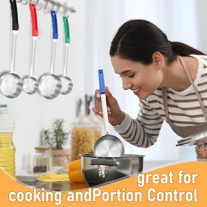16 Pcs Portion Control Serving Spoons, Restaurant Measuring Serving Ladle Utensils, Portion Control Slotted Scoops for Weight Loss, Solid and Perforated Scoops(4 Colors,4 Sizes)