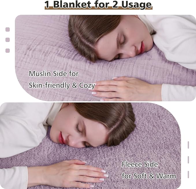 EMME Muslin and Fleece Throw Blanket Reversible - 50"*60" Lavender Soft Warm Throw Blankets for Couch Bed Picnic Travel Bed