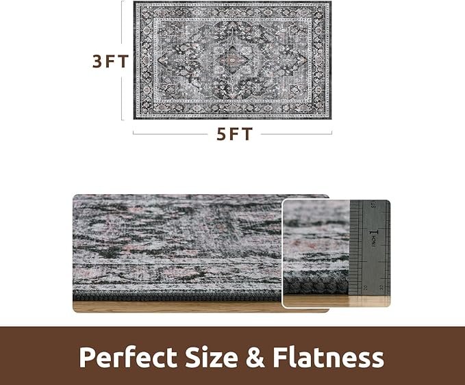 AMOAMI-3X5 Area Rug-Soft Washable Rugs for Living Room Bedroom -Non Slip Entryway Rug-Indoor Vintage Throw Rug Accent Rug for Living Room Laundry Room Kitchen Bathroom Bedside Dark Grey & Black