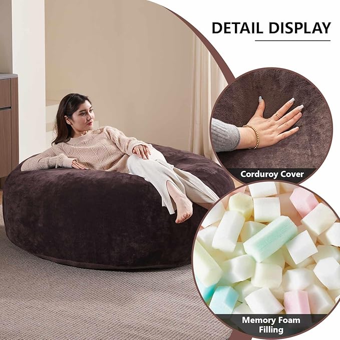 4FT Large Bean Bag Chairs,Big Adult Size Memory Foam Beanbags with Filler Included,Machine Washable Corduroy Cover,Ultra Soft Plush Gaming Bing Bag Puff Chair for Dorm, Living Room & Bedroom (Brown)