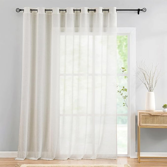 FMFUNCTEX Linen Sheer Sliding Door Curtains for Bedroom, Beige Curtains 96 Inches Long Window Curtain Drapes for Living Room, Natural Patio Glass Door Extra 100 Wide Curtain, Grommet Top 1 Panel