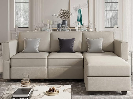 Belffin Convertible Sectional Sofa with Chaise Velvet L Shaped Sofa Couch Modular Sectional Sofa with Storage Grey