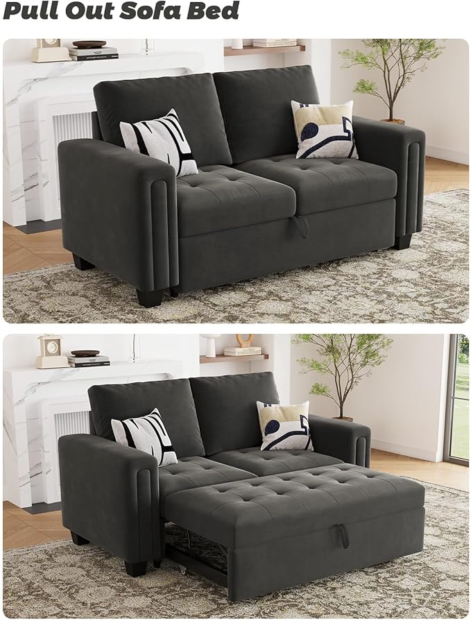 Belffin Modular Sectional Sleeper Sofa with Pull Out Couch Bed Modular Sleeper Loveseat Sectional Sofa Velvet Fabric for Living Room Apartment Grey