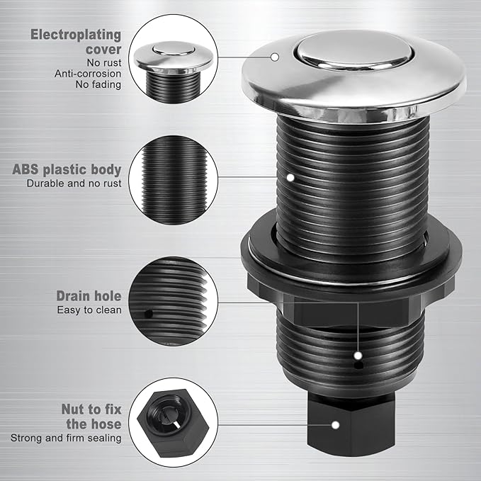 Garbage Disposal Air Switch Kit, Garbage Disposal Button, Sink Top Waste Disposer On/Off Switch, UL Listed Air Switch Compatible with All Garbage Disposals (Chrome Silver)