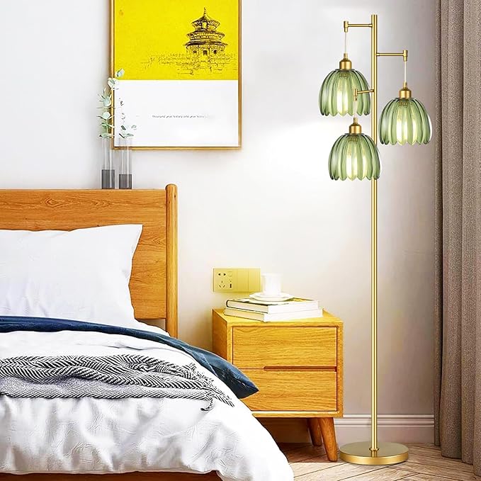 Gold Floor Lamp for Living Room,Bedroom,Mid Century Modern Standing Lamp Brass Tree 3 Light Tall Floor Lamps Vintage Retro Floor Lights Glass Green Flower Lamp Shade Farmhouse Boho Bohemian