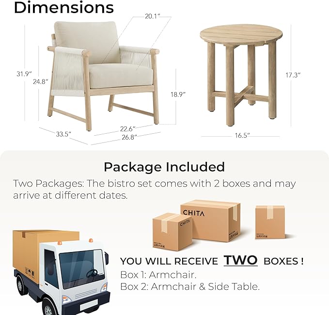 CHITA Boho Patio Rattan Chair Set of 2, Outdoor Wicker Chair with 7.1″ Thickened Cushions Acacia Wood Frame(Cream)