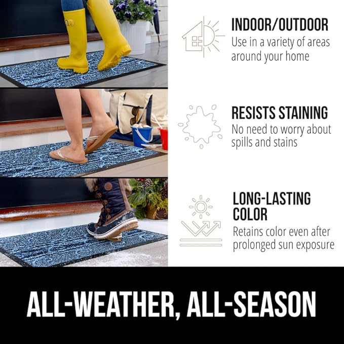 GORILLA GRIP 100% Waterproof All-Season WeatherMax Doormat 35x23, US Designed Natural Rubber, Stain and Fade Resistant, Low Profile Indoor Outdoor Door Mats, Easy Clean Patio Mat, Ocean Blue Waves