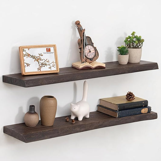 Fun Memories Solid Elm Wood Floating Shelves, 36 Inch Floating Shelves for Wall, Wall-Mounted Live Edge Wooden Shelves with Invisible Heavy-Duty Brackets for Books, Bathroom, Kitchen, Walnut Finish
