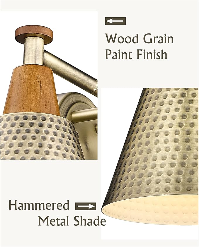 FEMILA Antique Brass Bathroom Vanity Light, 3-Lights Industrial Modern Wall Sconce Bathroom Lighting, Hammered Metal Shade Finish, 4FG59B-3W BG