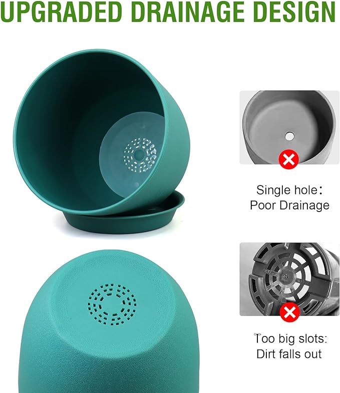 Flower Pots 10/9/8 inch, Set of 3 Modern Decorative Plastic Planters with Drainage Holes and Tray for House Plants Indoor Flowers Plants, Plant Pots for Indoor Outdoor Plants, Blue Green