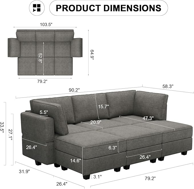 Belffin Terry Fabric Modular Sectional Sleeper Sofa Bed with Storage Convertible Sectional Couches for Living Room 6 Seaters Light Grey Modular Sofa