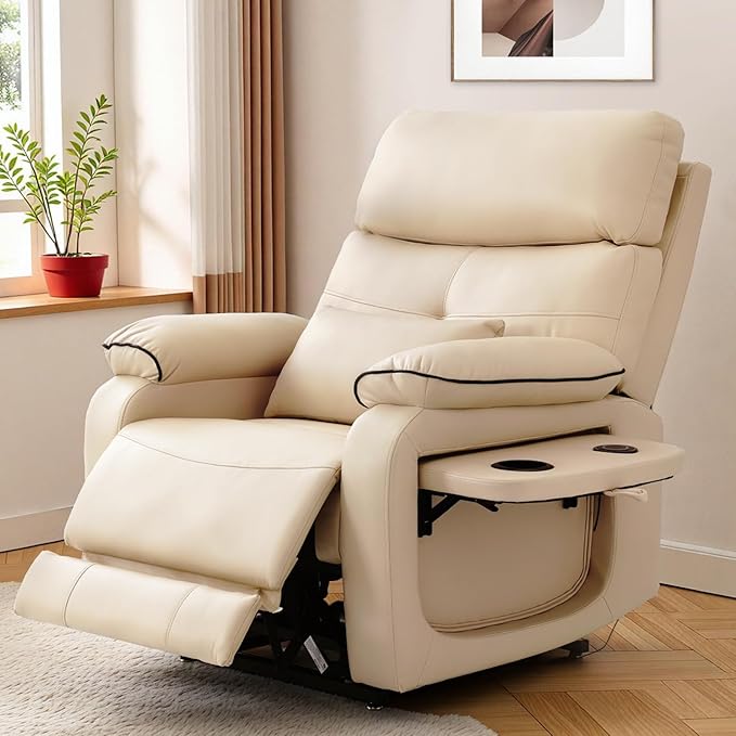 Dual Motor Power Lift Recliner Chair for Adult & Elderly, Infinite Position Lay Flat Lift Chair with Heat & Massage, Cup Holder, Lumbar Pillow, Wireless Charger, USB Ports, Leather (Beige)