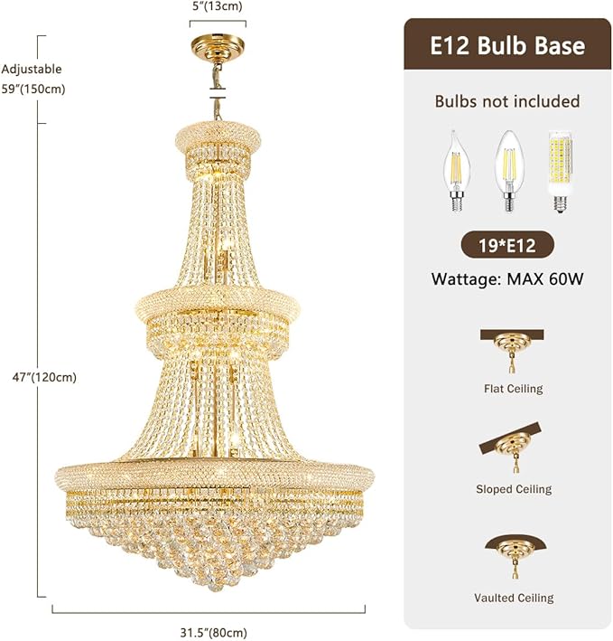19-Lights High Ceiling Chandelier Modern Gold Crystal Chandeliers Large Foyer Chandelier Fixtures for Staircase Living Room Hallway Entryway (H47 x W31.5)