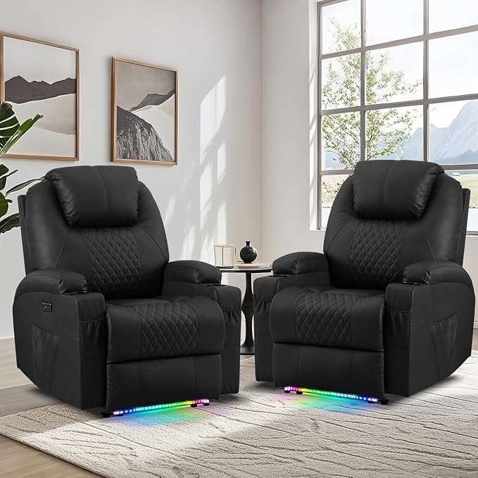 AHMED Power Recliner Chair with Vibration Massage & Heat for Adults, Faux Leather Home Theater Seating with Cup Holders/LED Lights/USB Ports/Side Pockets for Living Room, Black