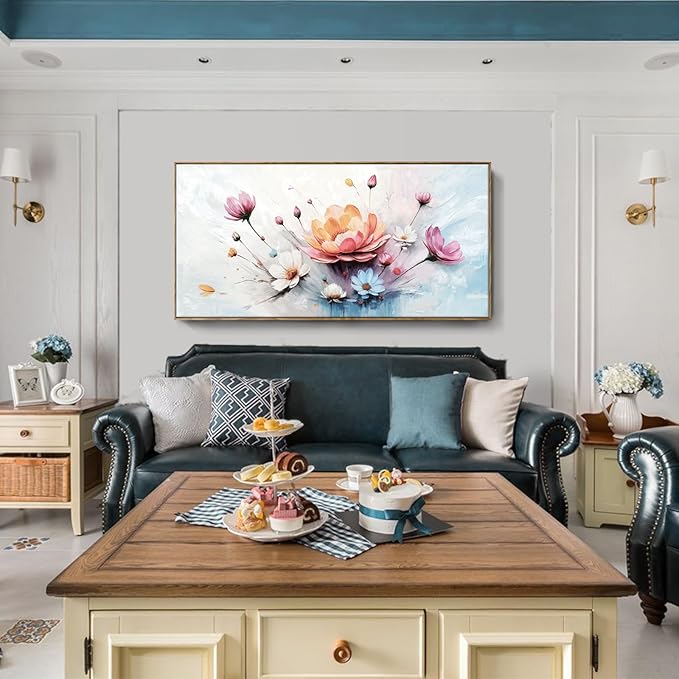 amatop Framed Floral Canvas Wall Art – Oversized Pink Blue Abstract Bloom Flower Print Daisy & Peony Picture Elegant Botanical Nature Large Artwork for Living Room Bedroom Dining Entryway Decor 58x29 inch