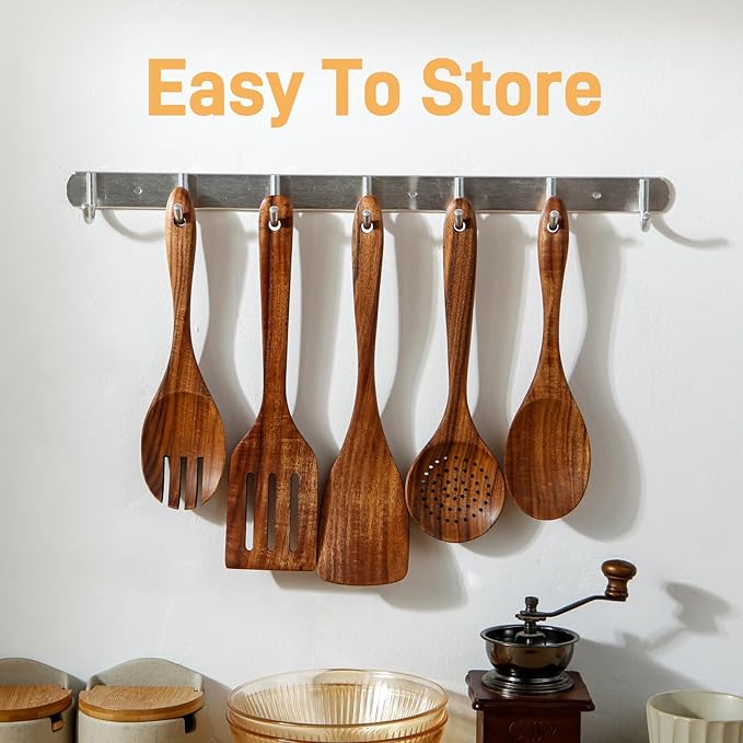 5 Piece Wooden Spoons for Cooking - Natural Finish Wooden Cooking Utensils - Soft Grip Wood Spoons - Non-Stick Wooden Spoons