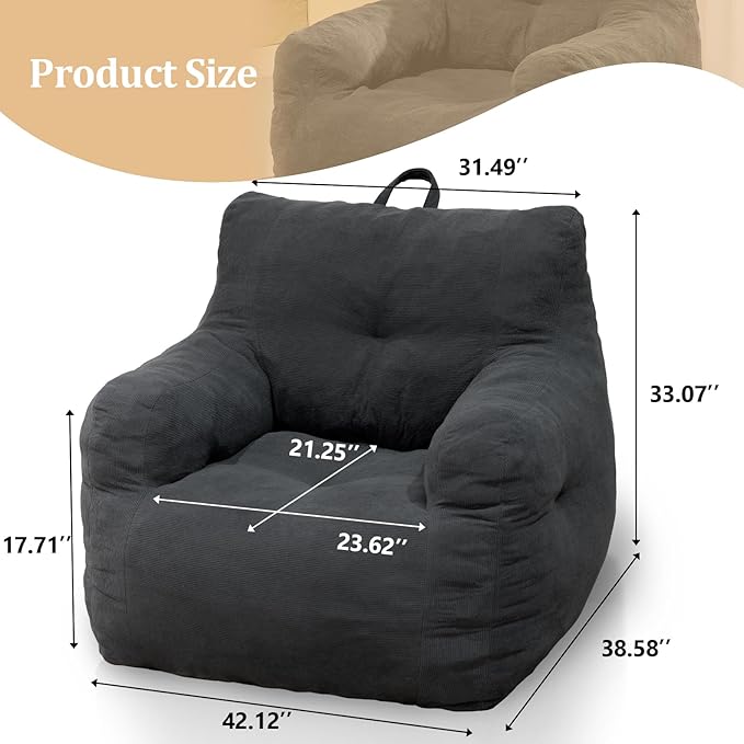Bean Bag Chairs for Adults Ergonomic Support Reading Floor Sofa Chair with Filler Spacious (Grey) (Large)