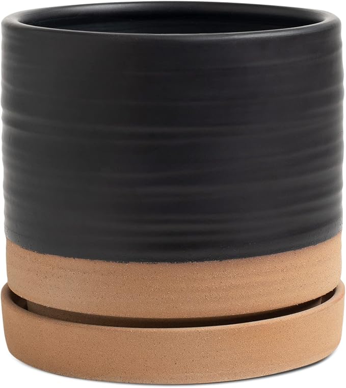 6 Inch Plant Pots, Ceramic Planter Pot with Drainage Hole & Saucer, Indoor/Outdoor Cylinder Round Planter Pot, Matte Black & Brown