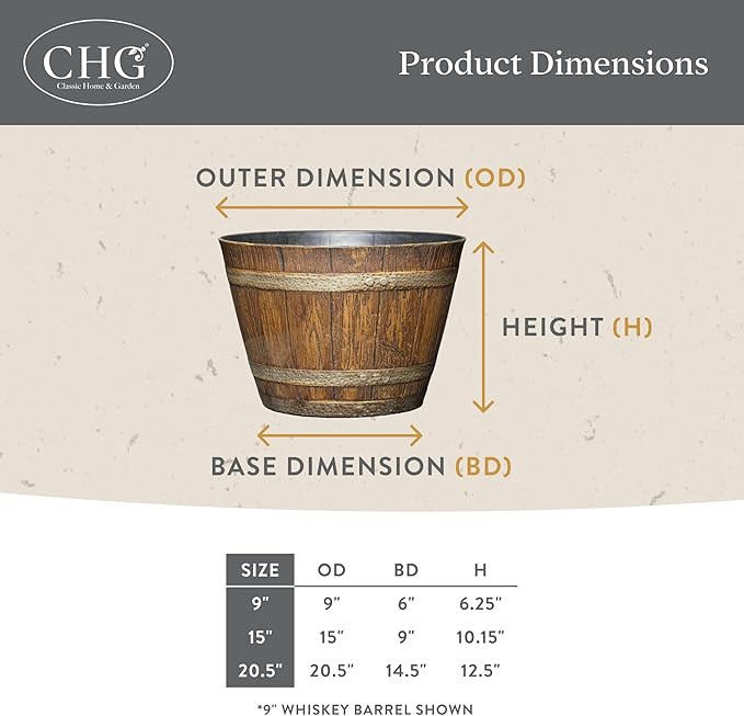 Classic Home & Garden Whiskey Barrel Planters - Wood Finish Flower Planter Pot - Stylish Garden Pots - Indoor & Outdoor Resin Planters - Weather-Resistant Planting Pots (15.5" Walnut Brown, Pack of 1)