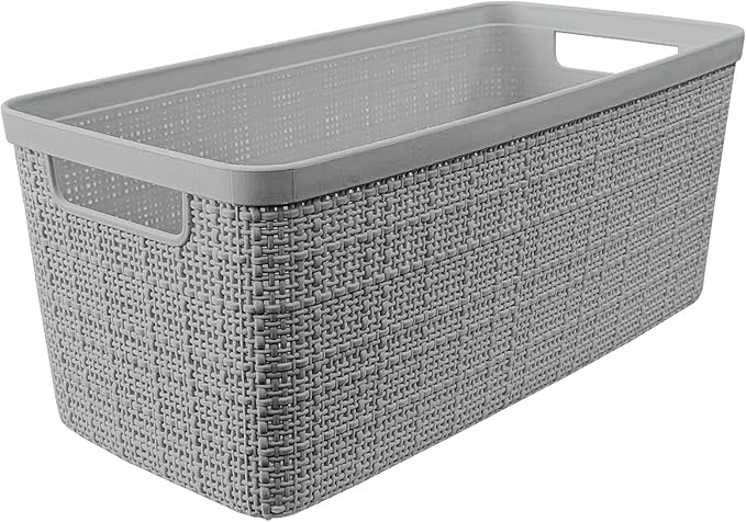 Curver Jute Decorative Plastic Organization and Storage Basket Perfect Bins for Home Office, Closet Shelves, Kitchen Pantry and All Bedroom Essentials, Set of 8 Grey