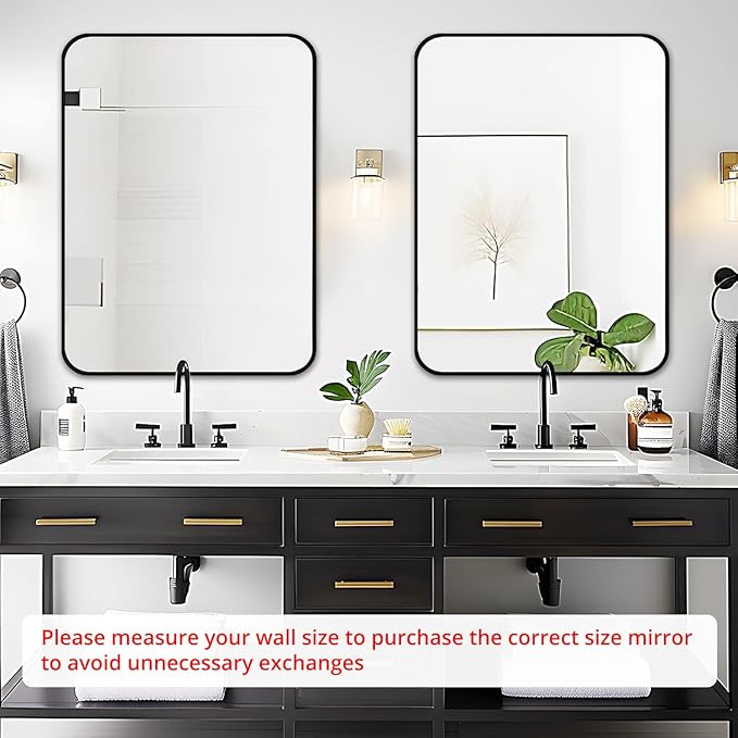 Fabuday Black Wall Mirror for Bathroom Over Sink - 22x30 Matte Metal Framed Rectangle Mirror, Rounded Rectangular Vanity Mirrors for Living Room, Bedroom, Entryway, Hallway, Horizontally/Vertically
