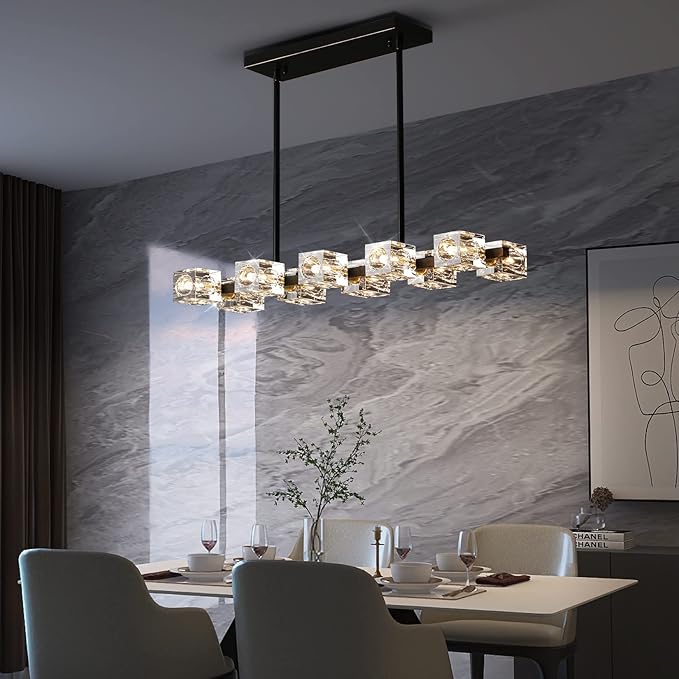 Dining Room Light Fixture,Modern Crystal Chandeleirs Semi Flush Mount Ceiling Light Fixture,Black Metal Crystal Pendant Light for Kitchen Island Farmhouse Dining Room,Living Room (10-Lights)