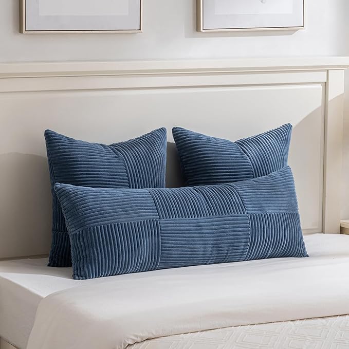 Fancy Homi 2 Packs Dusty Blue Decorative Throw Pillow Covers 20x20 Inch for Living Room Couch Bed Sofa, Rustic Farmhouse Boho Home Decor, Soft Corss Corduroy Patchwork Accent Cushion Case 50x50 cm