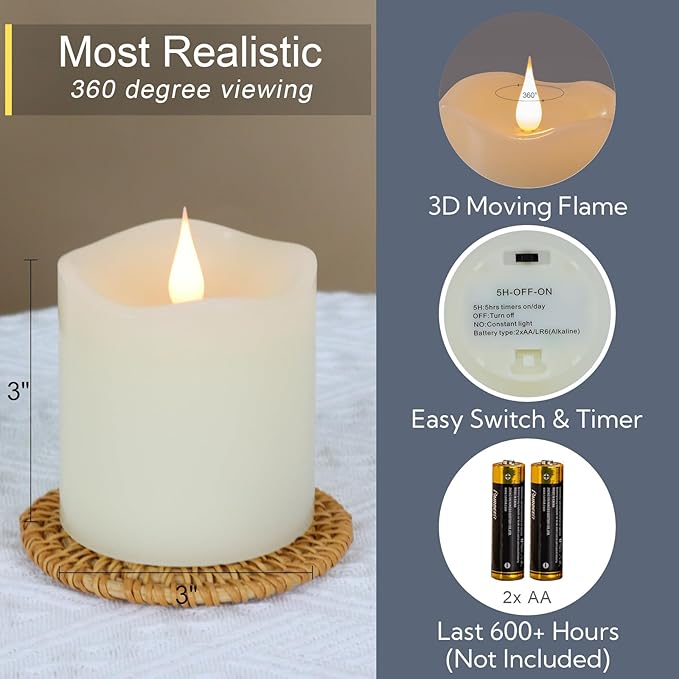 Flameless Candles Battery Operated with Remote Timer, 3D Moving Flame Flickering, Last 600+ Hours Battery Candles, 3" x 3" Ivory Real Wax Electric LED Candle for Wedding Party, Set of 2