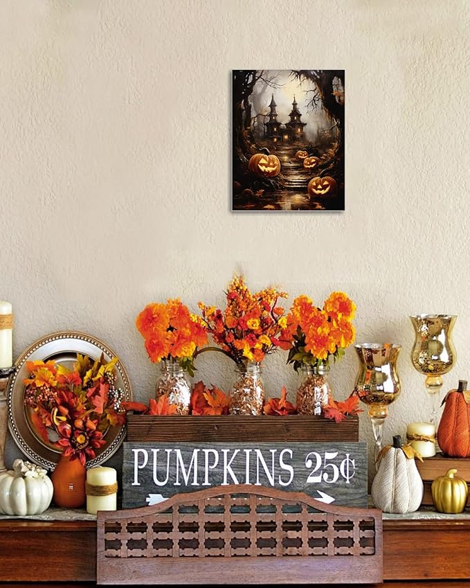 AbcCustomize Halloween Canvas Wall Art - Spooky Haunted House & Eerie Pumpkins Poster, Gothic Fall Decorations for Home, Vintage Halloween Decor Indoor for Living Room, Bedroom & Party