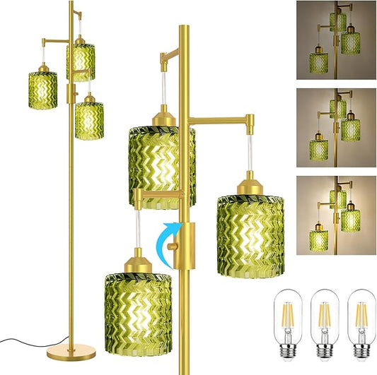 Gold Floor Lamp for Living Room, Vintage 3-Light Green Glass Standing Lamp, Brass Base Mid Century Modern, Retro Tree Design Tall Floor Lamps