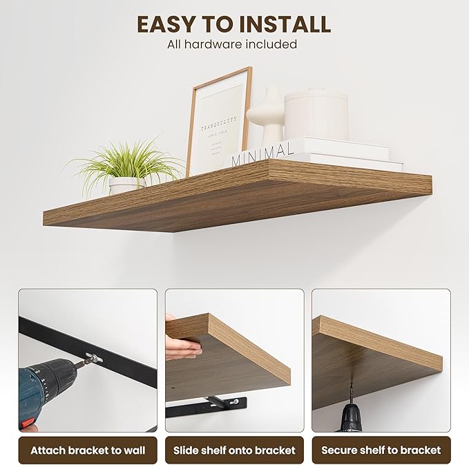 32" Floating Shelves for Wall, 12" Deep Slim Walnut Floating Shelves, Wall-Mounted Shelves for Bedroom, Living Room, Kitchen, Bathroom - Set of 2