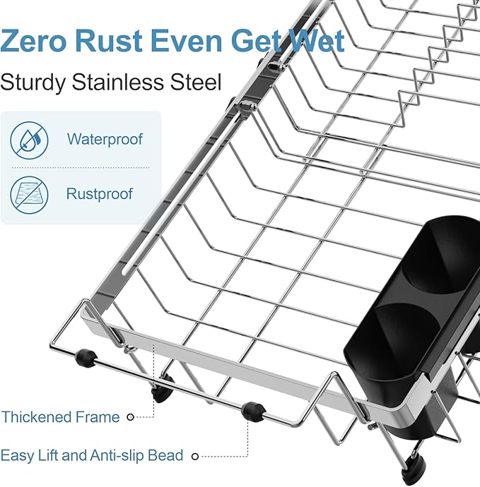 GSlife Stainless Steel Dish Drying Rack - Capacity Expandable in Sink Dish Drainer with Silicone Mat, Over Sink Dish Rack with Utensil Holder for Kitchen Counter, Large Capacity, Silver