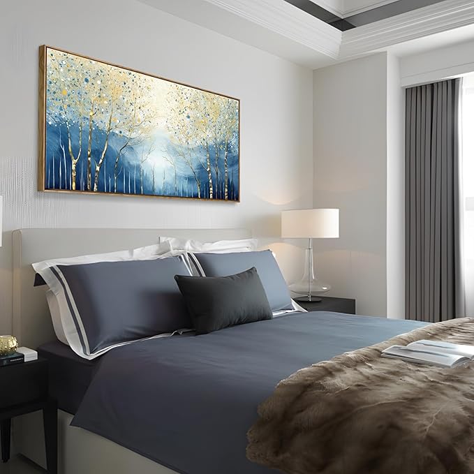 amatop Large Framed Abstract Canvas Wall Art Navy Blue Art Print Modern Nature Tree of Life Artwork Birch Contemporary Landscape Picture for Office Living Room Bedroom Hallway Home Decor 48x24 Inch