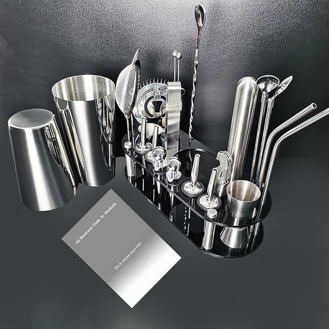 22-Piece Cocktail Shaker Set, 25/20oz Bartender Kit, Bartending Stainless Steel Bar Tools Sets for Drink Mixing, Boston Cocktail Shakers with Stand Recipes Booklet (Siver 25-20oz)