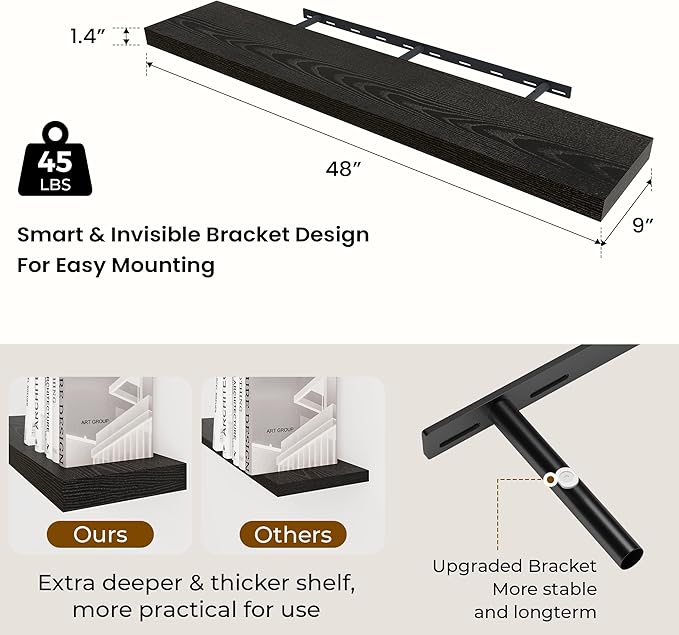 48 inch Floating Shelves for Wall Large Wall Mounted Shelves with Invisible Brackets, Black Long Shelves for Bathroom, Living Room, Kitchen, Office, 48x9.1 inch deep Set of 2