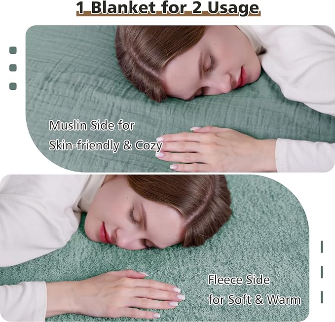 EMME Muslin and Fleece Queen Blanket Reversible - 80"*90" Teal Soft Warm Throw Blankets for Couch Bed Picnic Travel Bed
