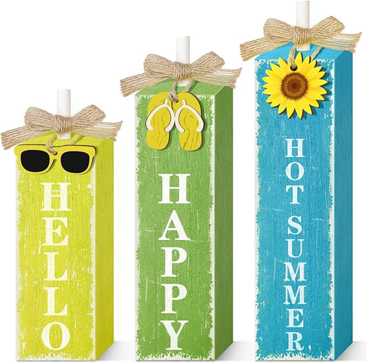 3 PCs Wooden Tiered Tray Decor Hello Happy Hot Summer Rustic Table Decor Block Signs for Beach Island Home Office Decorations (Summer-1)