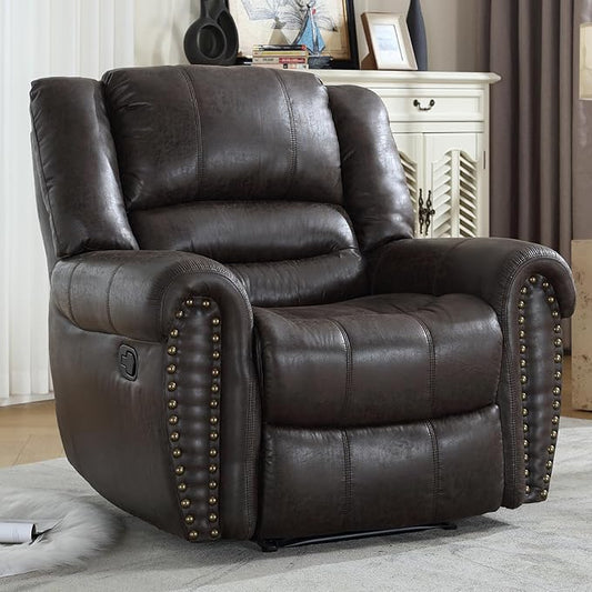 CANMOV Leather Recliner Chair, Classic and Traditional Manual Recliner Chair with Comfortable Arms and Back Single Sofa for Living Room, Dark Grey