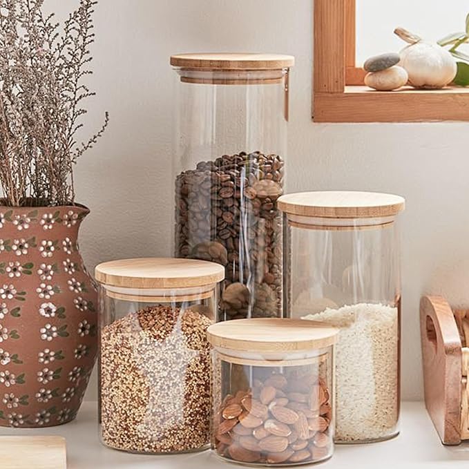 Glass Food Storage Jars, Glass Jars with Bamboo Lids, Kitchen Storage Jars, Canisters with Airtight Lids for Spice, Coffee, Cookie, Set of 5, Pantry Organizers