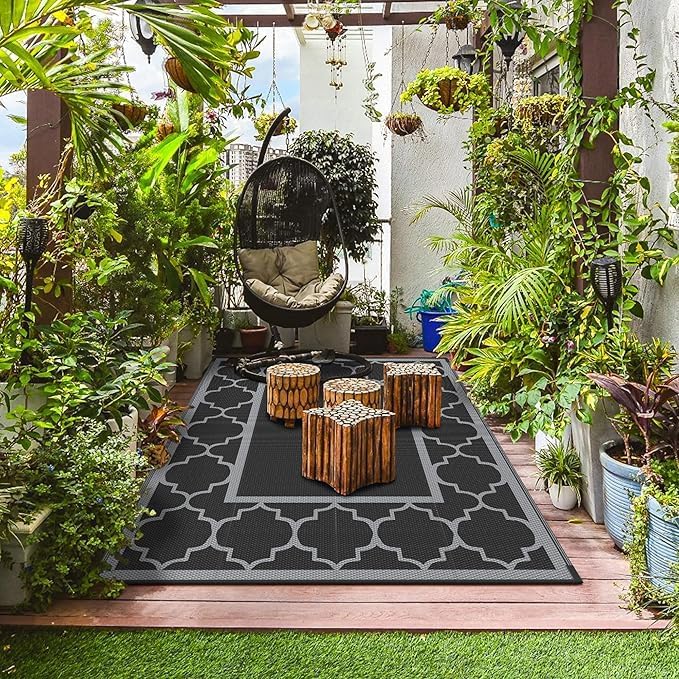 GENIMO Outdoor Rug Waterproof for Patio Decor, 6'x9' Reversible Plastic Straw Rug Carpet, Camping Mats for Outdoor, RV, Backyard, Deck, Balcony, Picnic, Black & Grey