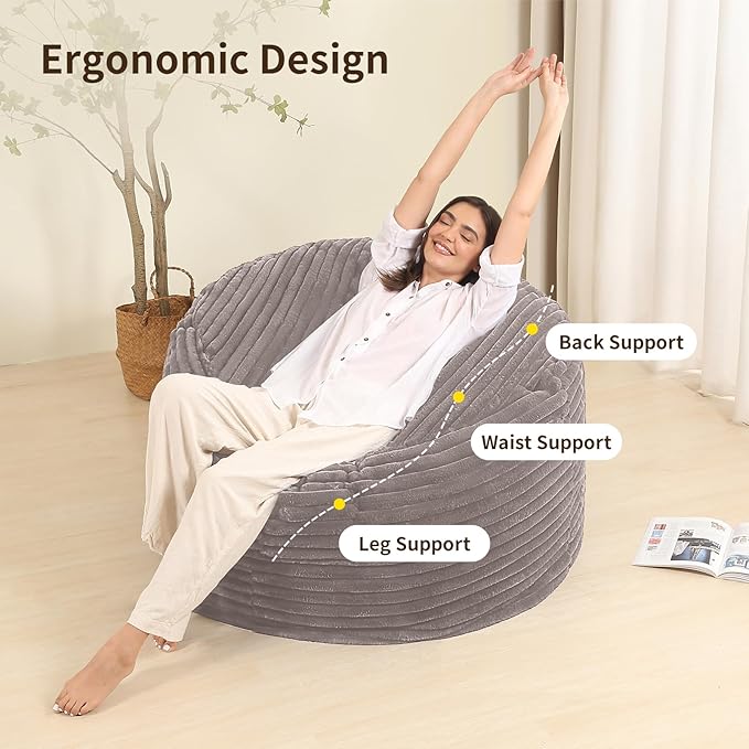 3FT Memory Foam Bean Bag Chair for Adults/Teens, Bean Bag Sofa with Fluffy Removable Cover, for Living Room Bedroom, Grey