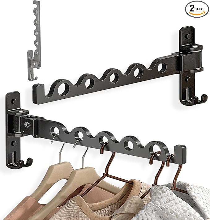 Dr.DJ Wall Hanger for Clothes, Coat Hanger Mounted Matte Black Retractable Clothes Drying Organizer Rack Garment Hooks Aluminium Folding Indoor Space Saver (2 Racks) Black