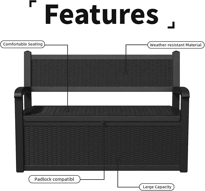 DRATO 75 Gallon Storage Bench Deck Box Outdoor Indoor,Lockable Durable All-Weather Seating with Hidden Storage,Deck Storage for Garden, Pool, Patio,Black