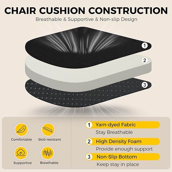 downluxe Indoor Chair Cushions for Dining Chairs, Soft and Comfortable Textured Foam Kitchen Chair Pads with Ties and Non-Slip Backing, 16" x 16" x 2", Black, 4 Pack