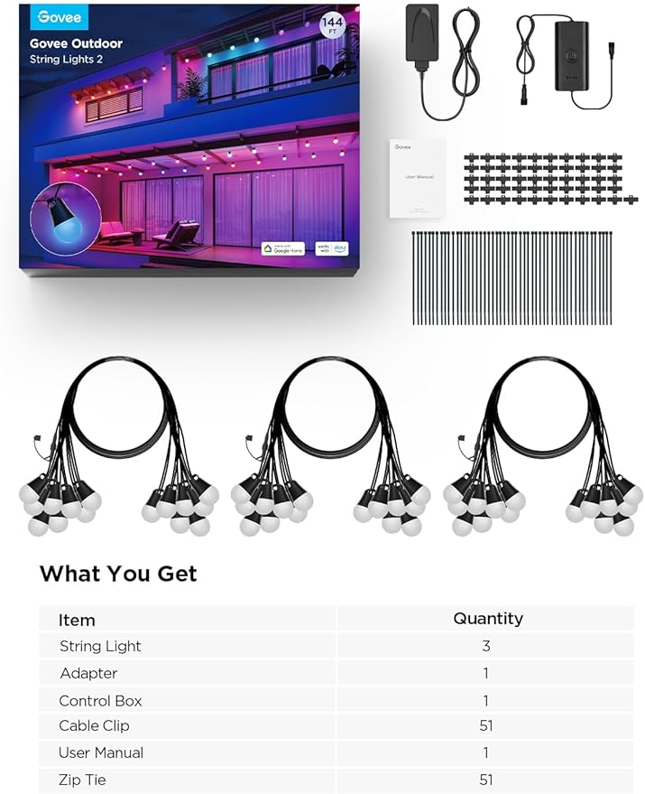 Govee Smart Outdoor String Lights 2, 144ft Outdoor Lights with Dimmable Warm White LED Bulbs, 47 Scene Modes for Patio, Backyard, Balcony, IP65 Waterproof, Works with Alexa, App Control