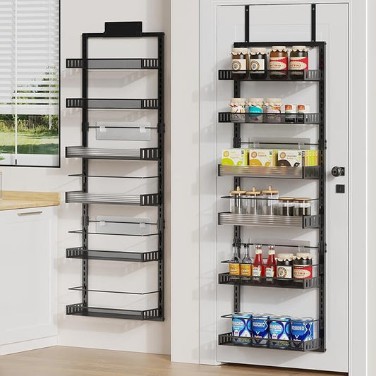 6-Tier Over the Door Pantry Organizer, 2 in 1 Large Door Spice Rack with Adjustable Metal Baskets, Heavy Duty Hanging or Wall Mounted Storage Organizer for Kitchen Pantry and Room Wall