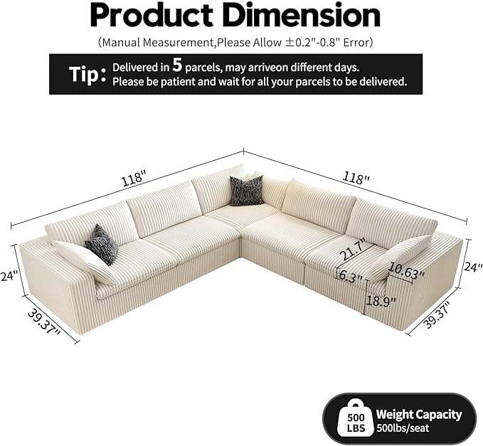 118" Cloud Couch Oversized Modular Sectional Sofa for Living Room,Modern Sofa with Deep Seat，V Shaped Boneless Couch,Comfy Upholstered Corduroy Couches for Apartment, Studio, Office,Bedroom，White
