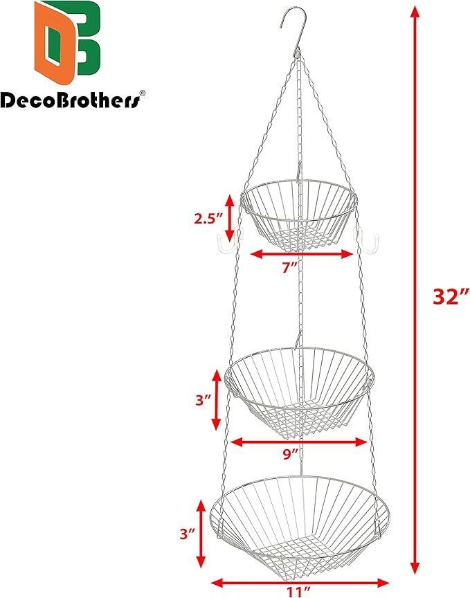 Deco Brothers Hanging Fruit Basket, 3-Tier, Chrome